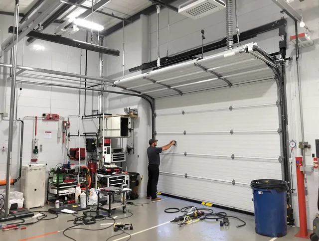Clearwater Garage Door Repair certified technician performing commercial door repair at a Clearwater business facility