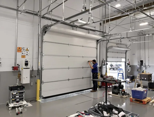Commercial garage door repair being performed by Clearwater Garage Door Repair expert in Clearwater