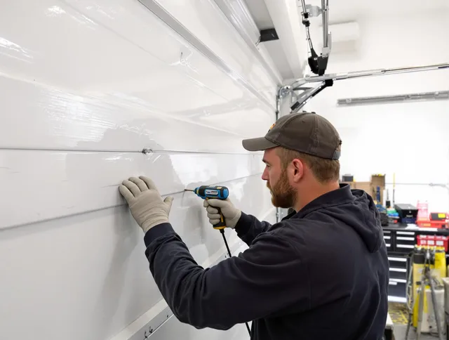 Clearwater Garage Door Repair technician demonstrating precision dent removal techniques on a Clearwater garage door