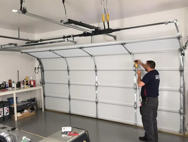Clearwater Garage Door Repair certified technician performing overhead door system repair in Clearwater