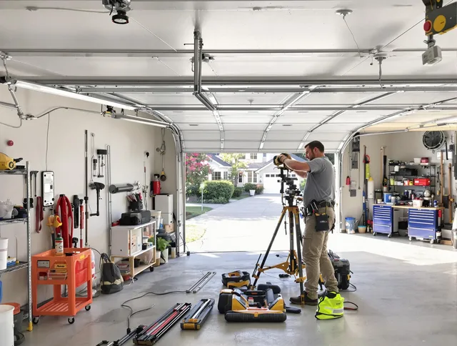 Clearwater Garage Door Repair specialist performing laser-guided track alignment in Clearwater